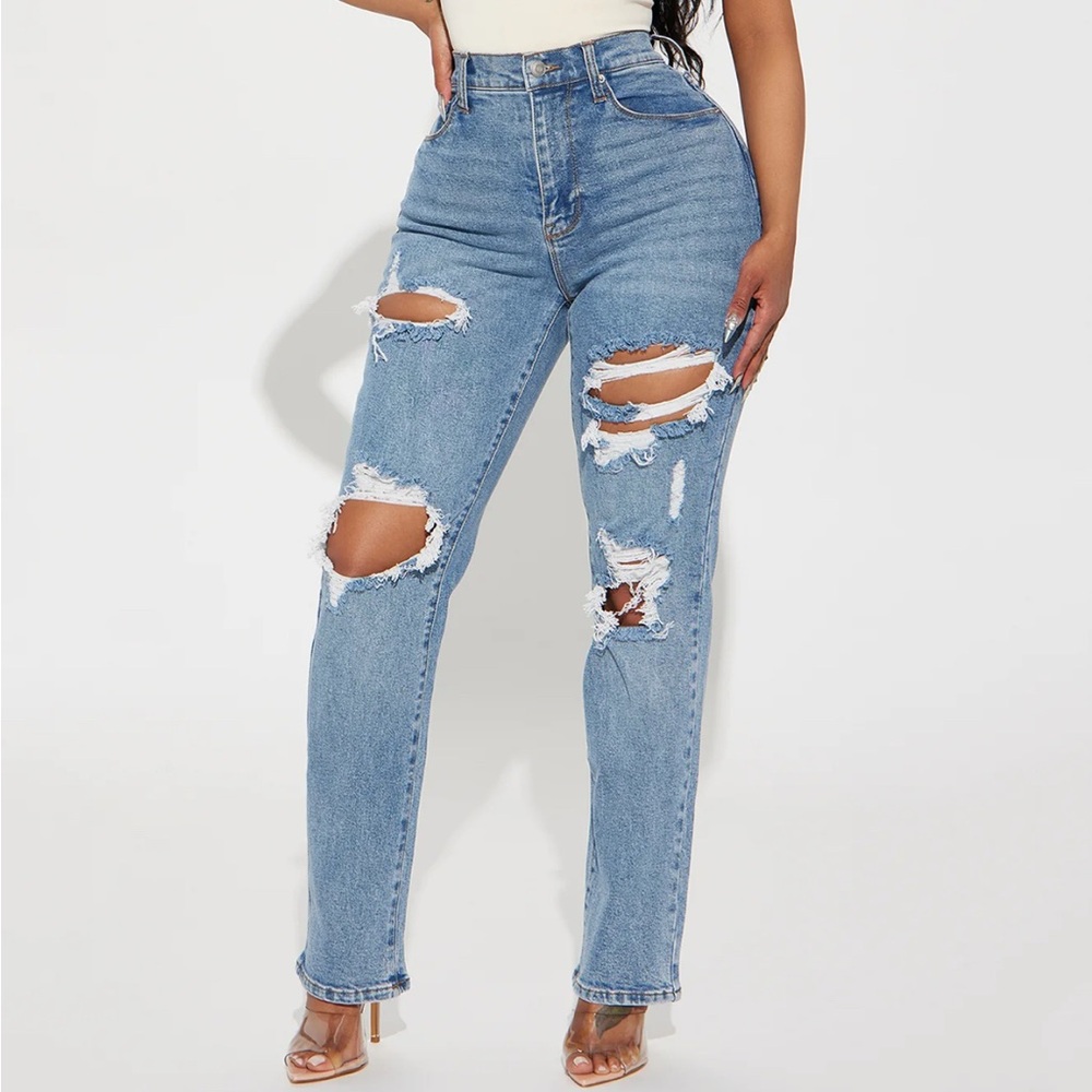 Fashion Nova Because I Said So Destroyed Mom Jeans- Medium Blue Wash